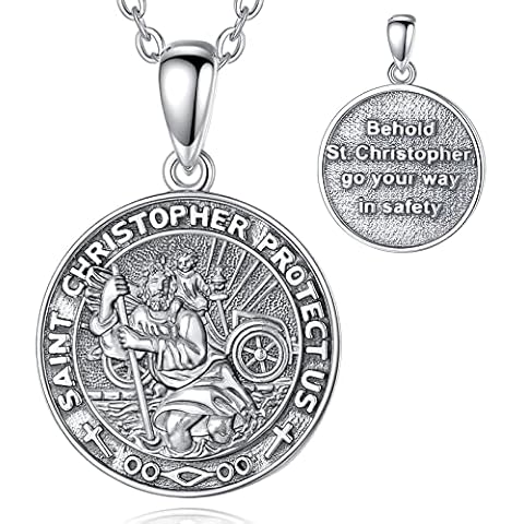 EUDORA ST Christopher Necklace for Men Silver Pendant 925 Sterling Silver Necklace for Men Women, Good Luck Amulet Necklace for Man Women Couple Jewellery, 20 inches Chain Cover
