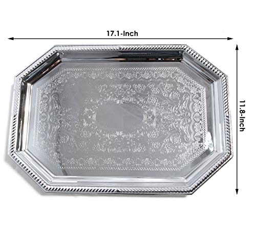 Maro Megastore (Pack Of 4) 17.1-Inch X 11.8-Inch Octagonal Victoria Floral Engraved Catering Chrome Plated Serving Plate Mirror Tray Platter Tableware Birthday Wedding Buffet Party T155M-4Pk (Medium) #TOP2