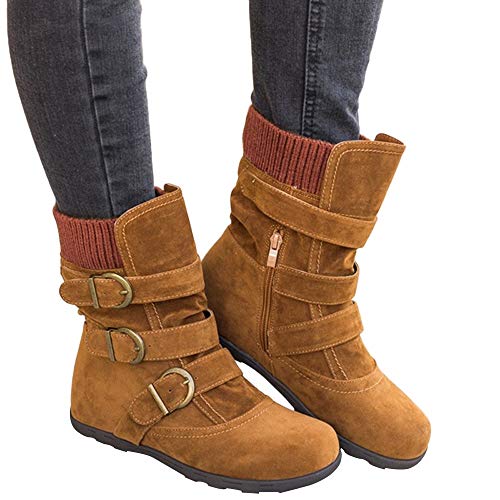 NOLDARES Boots for Women Winter Round-Toe Buckle Strap Zipper Boots Flats Low-Heeled Western Combat Mid Calf Boots, Brown, 8