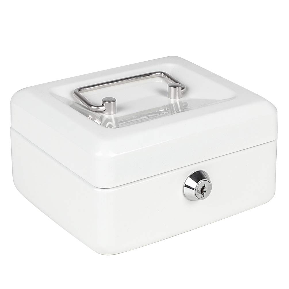 Cash Box with Money Tray, Parrency Small Money Box with Key Lock, 6" x 4 4/5" x 3", White
