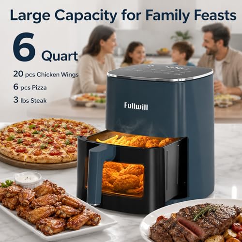 Image of Fullwill 6QT Air Fryer w /Window, 12-in-1: Fry,Roast,Bake,Dehydrate,Fries. Nonstick, Dishwasher-Safe Basket. Family /Friends Party. Max 400F,1700W,Dark Blue
