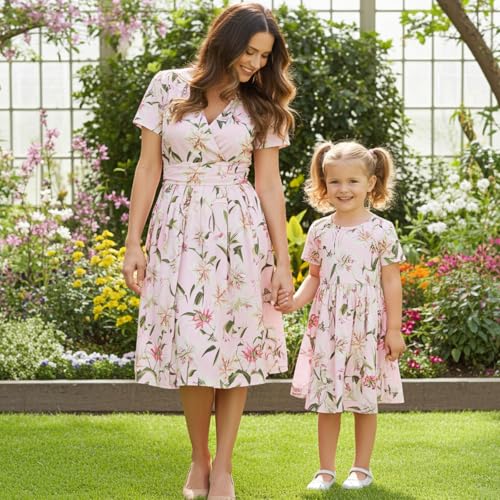 Image of Mommy and Me Floral Dresses Mother Daughter Matching Short Sleeve Tshirt Midi Dress Crew Neck Outfits with Pockets