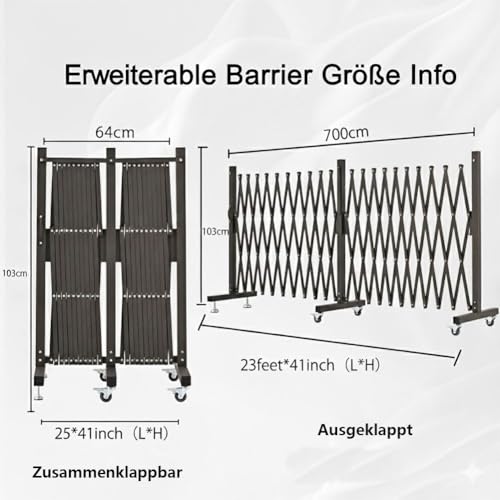GYMTIME Scherengitter Ausziehbar, Absperrgitter Outdoor, Mobiles Absperrung Metallbarrikade, leicht zu montierende Absperrkette mit Rollen für den Garten,7 Meter, Braun