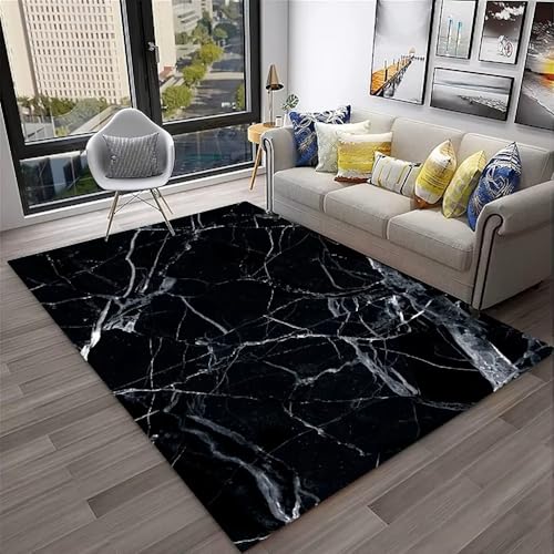 PEIHUODAN Tapis Marbre Noir Blanc, Style Moderne, Doux, Flanelle, Antidérapant, Lavable, pour Salon, Chambre À Coucher, Décoration D'intérieur (Couleur...