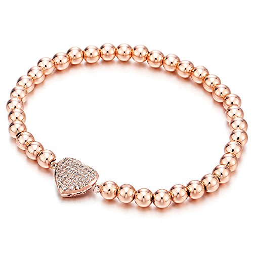 COOLSTEELANDBEYOND 18K Rose-Gold-Plated Beads Link Charm Bracelet for Women with Cubic Zirconia Heart Charm, Polished