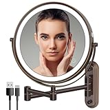 Rocollos Rechargeable Lighted Wall Mounted Makeup Mirror with 3 Color Lights,Dimmable Touch Screen,8 Inch LED Double Sided 1X/10X Magnifying 360°Flexible 13 Inch Retractable