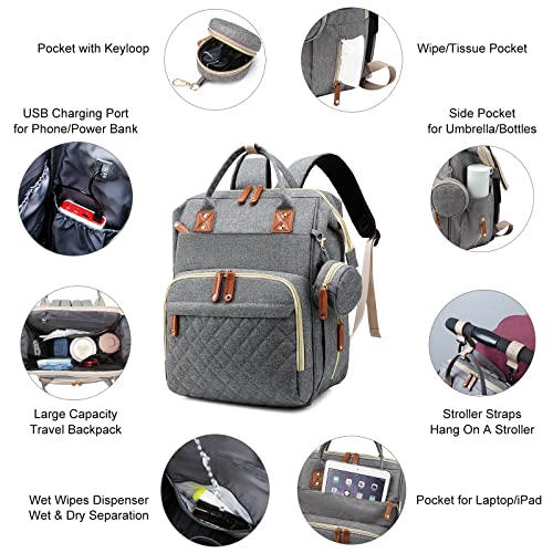 Image of Diaper Bag with Changing Station, Baby Backpack with Foldable Changing Pad | Waterproof Large Backpack for Mom & Dad, USB Charging Port,Baby Shower Gifts for Mom Dad Girl Boy, Baby Registry Search,Grey