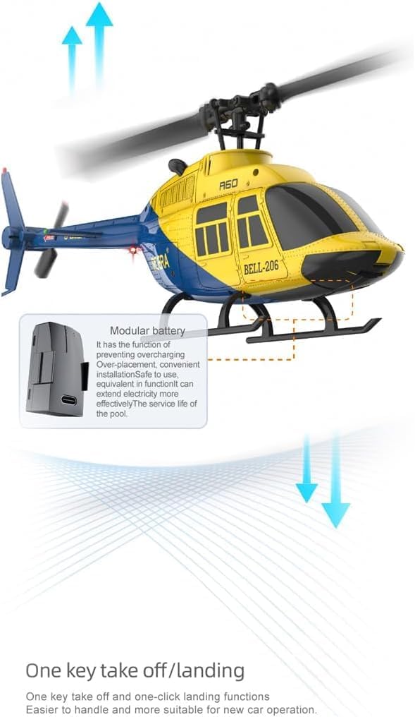 RC Helicopter A60 Altitude Hovering Optical Flow Localization One Click Roll Takeoff and Landing with 2 Batteries for Adults Beginners Mini Bell206 1:42 (Yellow)