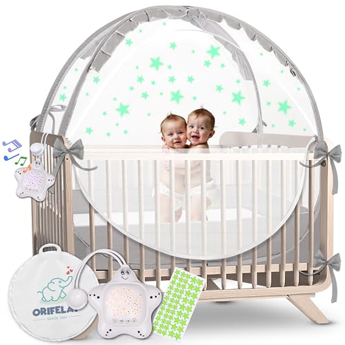 Image of Baby Crib Tent - Toddler Bed Tent w/White Noise Machine, Wide Zipper Opening - Easy Setup Crib Cover w/Glow in The Dark Stickers & Custom Multi Color Light, Breathable Mesh Cribs Net (Gray)