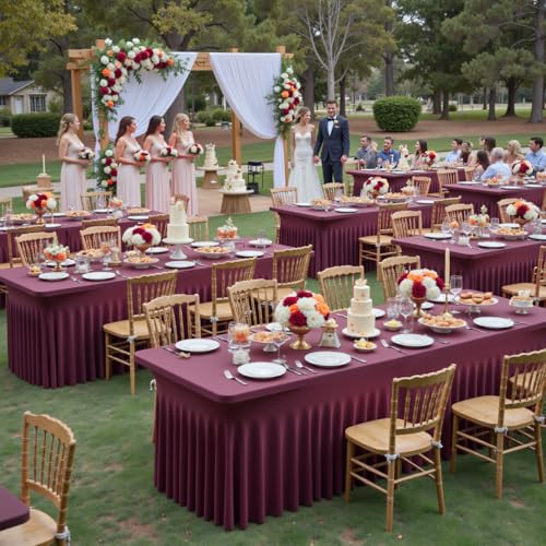 Image of Outpain 6ft Spandex Table Cloth for Standard Folding Tables-6Pack Burgundy Table Cloth Table Protector for Party, Wedding, Cocktail, Banquet, Festival