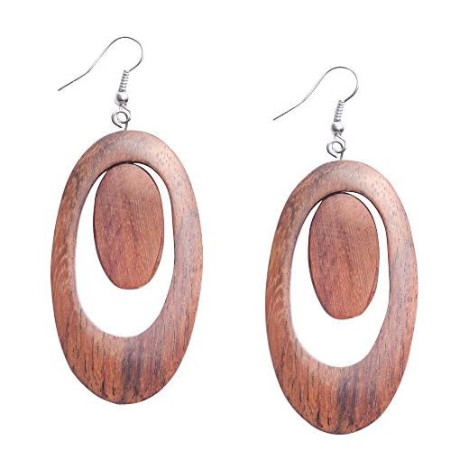 81stgeneration Kvinnors trä .925 sterling silver oval ring mod 60-tal bruna dinglande örhängen, Trä, Ingen sten