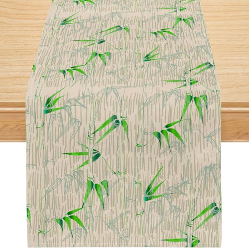 Image of Bamboo Print Linen Table Runner,Rustic Farmhouse Nature Table Decor for Indoor Outdoor Dining Kitchen, Coffee Table Decor, Spring and Summer Party Decoration,13x120 Inch