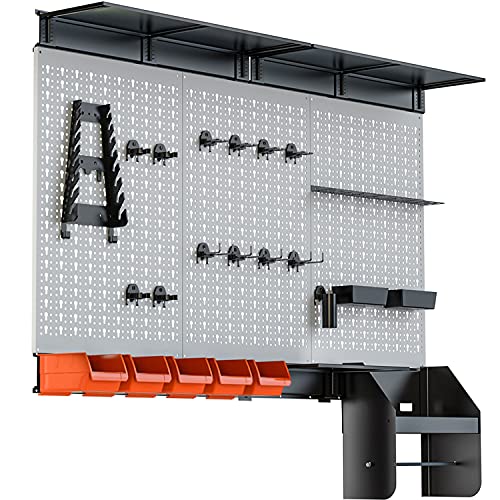 TORACK Pegboard Wall Organizer 4 ft. 48x40 inch Garage Metal Pegboard Organizer Utility Tool Storage Kit with Toolboard Hooks Accessories, Wall Mounted Storage Bins, Paper Towel Holder, Overhead Shelf