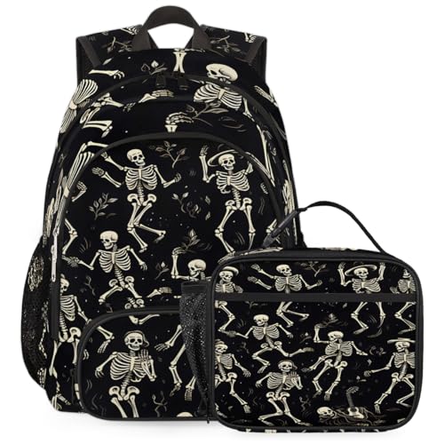 TropicalLife Skull Skeletons Backpack with Lunch Box Set, Back Pack and Lunch Bag Skull Skeletons Waterproof Casual Daypack Bag for Work Travel