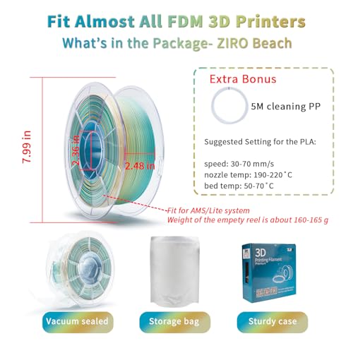 Image of ZIRO PLA Filament 1.75mm, Matte Multicolor 3D Printer Filament, Color Gradient Change PLA, Fast Color Change by Length, Fit Most FDM Printers, Dimensional Accuracy + /-0.03mm, 1KG Spool, Beach