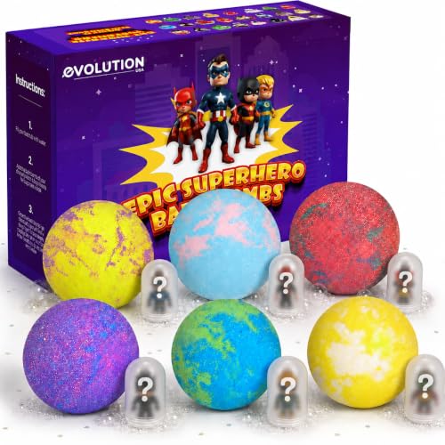EvolutionUSA 6 Purple Epic Superhero Bath Bombs for Kids Childrens Super Hero Bath Bombs Toy Organic Bathbomb with Surprise Superhero Bath Fizzers Fun Bathbombs Birthday Christmas Easter
