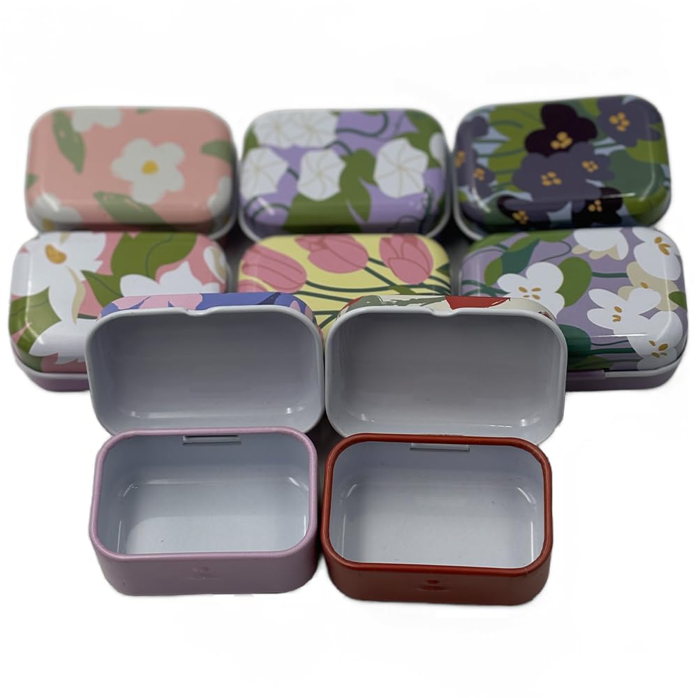 CCUUHJ 8 Pack Tins Container Rectangular Small Tin Box Metal Empty Hinged Tins Empty Tins Basic Necessities Tins for Candies Jewelry,6X4X2.5 CM (Floral 02) - Image 2