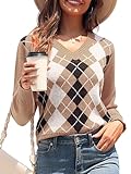ZAFUL Women's Argyle Sweater V-Neck Cropped Sweater Long-Sleeve Plaid Sweater Pullover Jumper Knit Top (0-Tan,M)