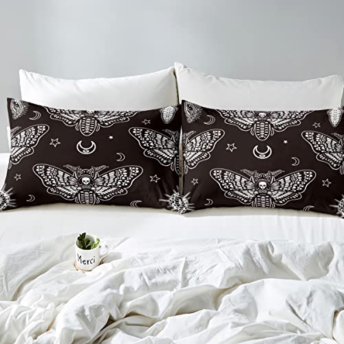 Manfei Gothic Skull Fitted Sheet Death Moth And Flower Print Bedding Set 3Pcs For Kids Moon And Star Decor Sheet Set Microfiber Bed Sheet Set (1 Fitted Sheet + 2 Pillow Cases) Full Size #TOP4