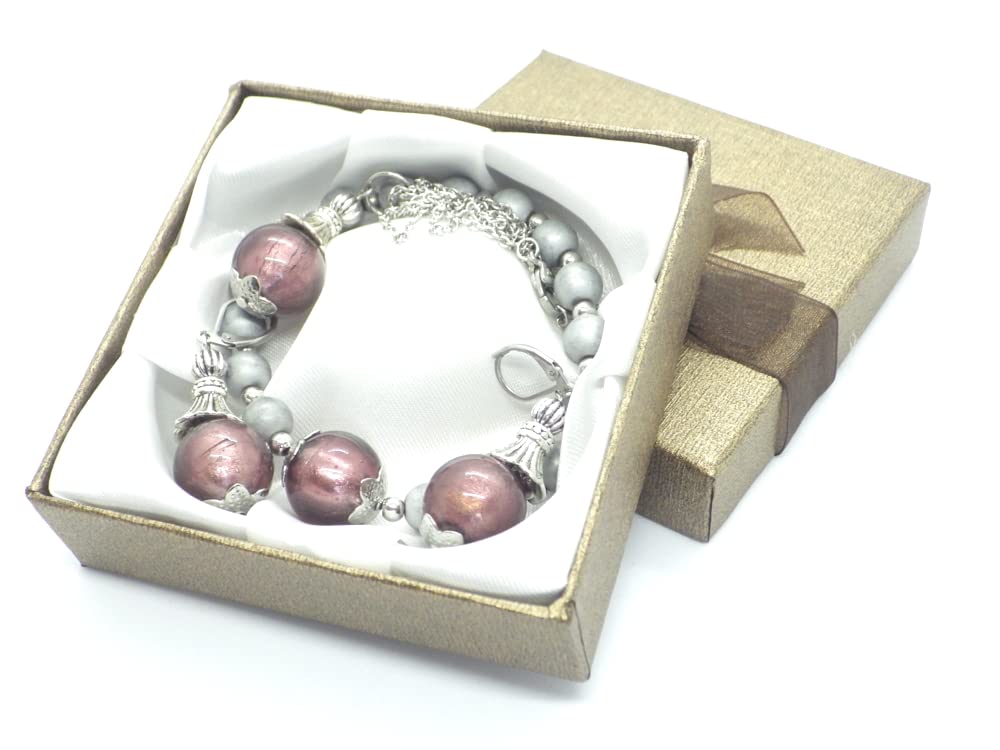 Conjunto de joyería pendientes, collar y pulsera en acero inoxidable, hematites y cuentas de cristal de Murano violeta