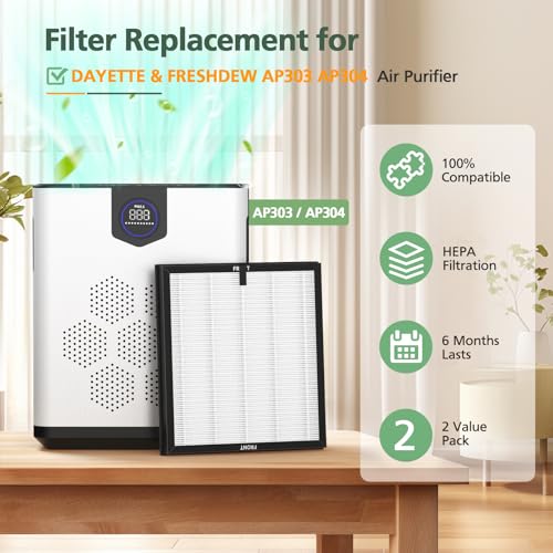 Image of AP303 AP304 Replacement Filters, Compatible with DAYETTE AP303 / AP304 / AP305 / AP308 / AP405 Air Purifier, and for FRESHDEW AP303 / 304 Purifier, HEPA Filter with 3 Stage Filtration, 2 Pack (White)
