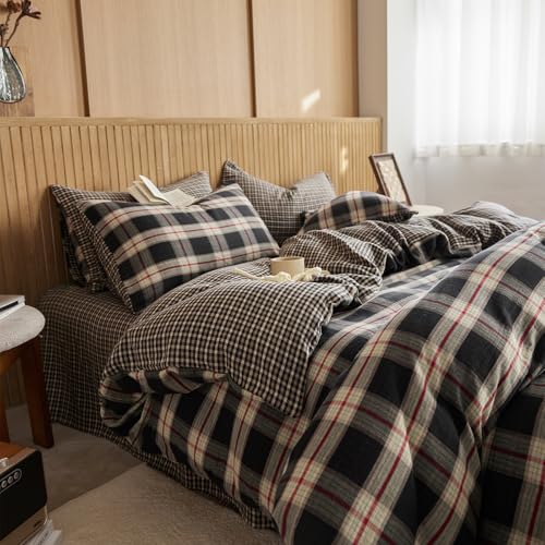 EAVD Classic Black Plaid Duvet Cover King Soft 100% Cotton Muslin Modern Red Black Grid Plaid Bedding Set with 2 Pillowcases Reversible Gingham Geometric Duvet Cover with Zipper Closure - Image 2