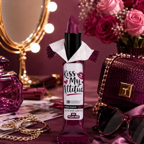 Image of Krayons Cute Pop Matte Lipstick for Women - Shade 180 Plum Red, India's 1st Twist-Wrap Lip Stick, Long Stay Waterproof Lipstic, Rich Pigmented Daily Wear Matt Lipsticks, 3.5g
