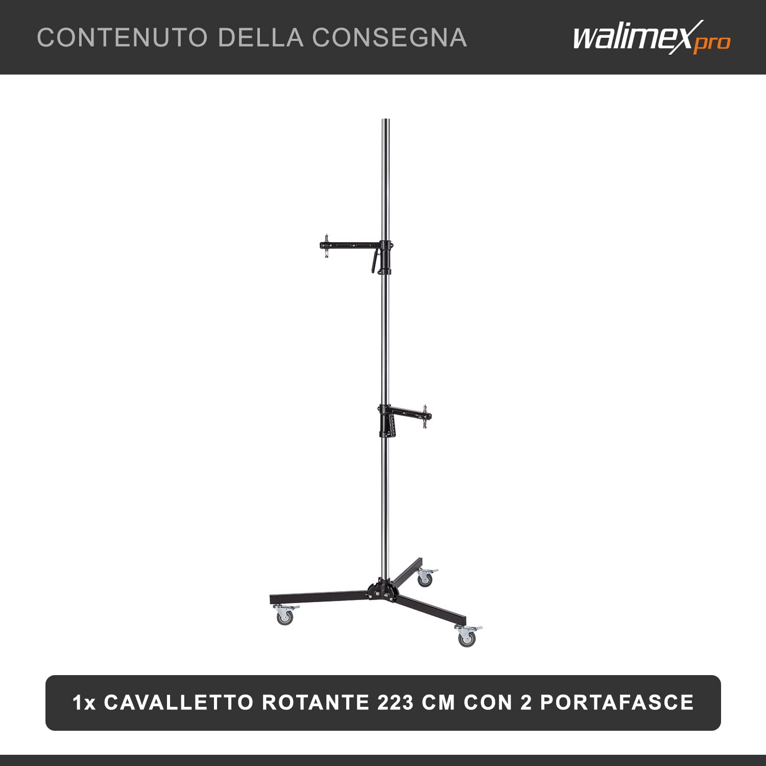 Walimex pro Treppiede mobile 223 cm - Robusto treppiede da studio con 2 supporti a morsetto che possono essere spostati rapidamente e rulli stabili, caricabile fino a 12 kg