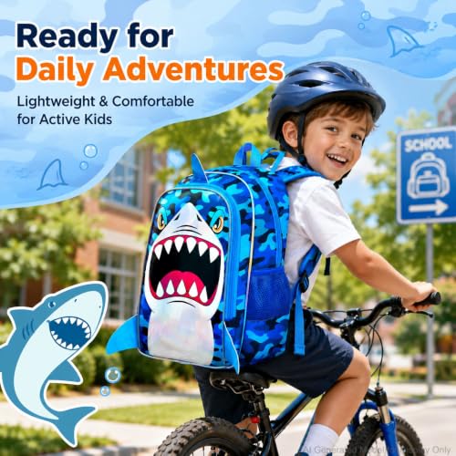 Image of 16 inch Shark Backpack for Boys, 3Pcs Kids Bookbag with Lunch Box, School Backpacks for Elementary Preschool Kindergarten (Blue)