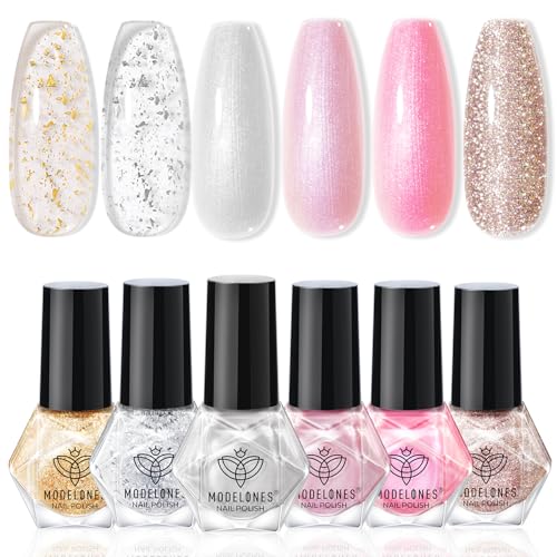 modelones Nagellack Glitzer, 6 Farben Nagellack Schnelltrocknend Rosa Silber Gold Klar Glitzer Sommer Nail Polish Set Langanhaltender Gel Polish Set für DIY Salon Geschenk ManiküreAuf Wasserbasis