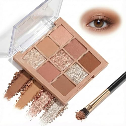 Nine Shade Matte Shimmer Glitter Eyeshadow Palette in Warm Neutral Brown Champagne - Long Lasting Waterproof Pigmented Compact for Everyday Natural Smokey Eye Makeup Looks with Professional Brush