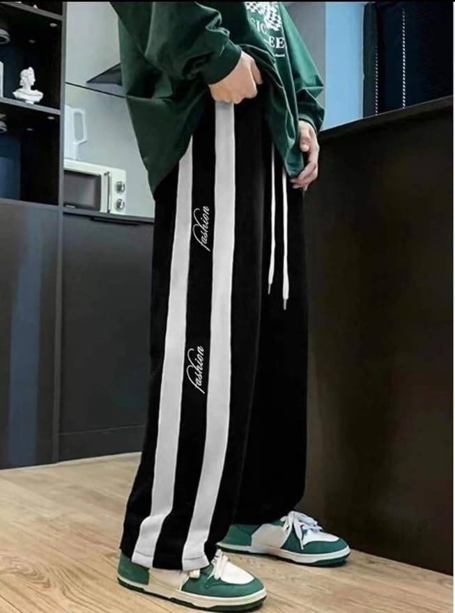 Image of MiraMichi Men's Black Trackpants with Sleek White Stripes - Sporty and Modern Casual Workout Pants