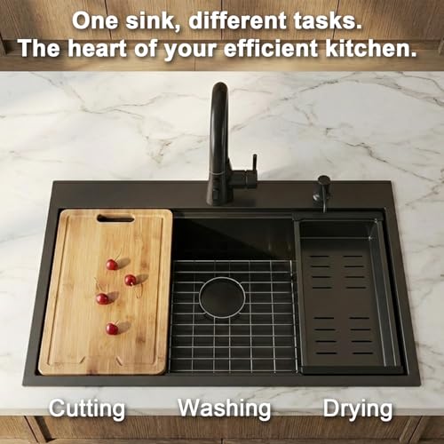 Image of 33x22 Drop In Kitchen Sinks Black, Gunmetal Black Stainless Steel Workstation 16Guage Topmount Single Bowl 9 Inch Deep Sink for Kitchen with Integrated Accessories and Features