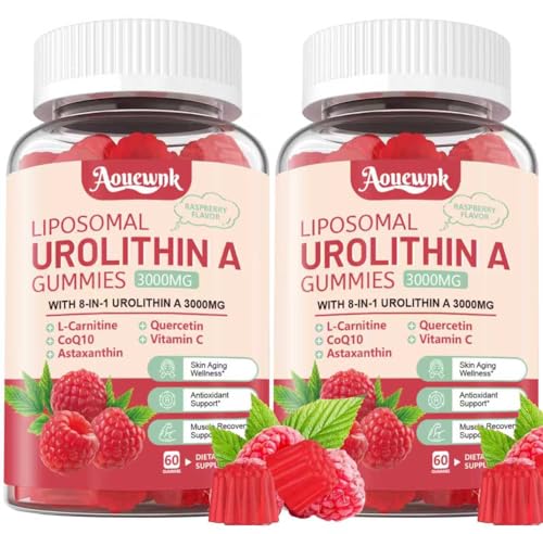 2 Packs 3000mg Liposomal Urolithin A 8-in-1 Gummies Supplment, Contains CoQ10, Resveratrol, L-Carnitine, Quercetin, Vitamin C, Astaxanthin, Mito & Cell Support, Anti-Aging, Metabolism & Energy Boost