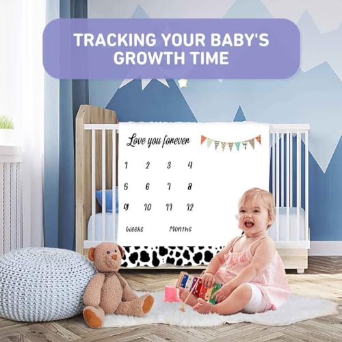 Image of Cow Milestone Blanket for Baby Boy, Farm Animals Cow Print Photography Background Newborn First Year Growth Blanket for Baby Pictures Include 4 Frames and 1 Headband 48 inchx40 inch BTYYPH46