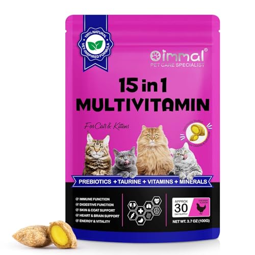 Cat Multivitamin 100g, 15 in 1 Cat Treats Supplements for Health + Immune, Joint Support, Skin & Coat, & Digestion, Vitamins with Omega 3s, Lysine & Probiotics