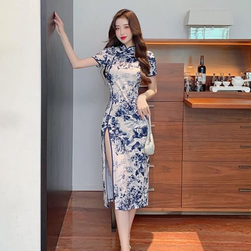 チャイナドレス パーティセクシー Mサイズ ホワイト×ブルー - 画像1