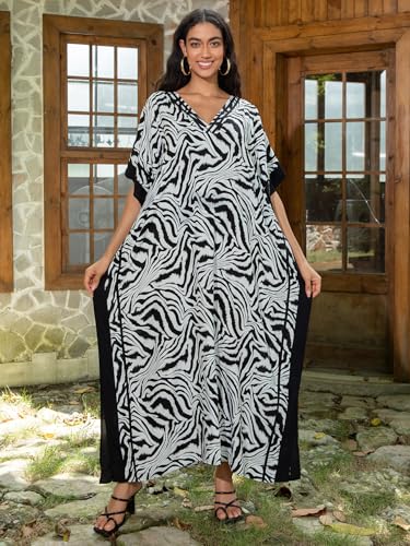 Image of KECVOT Kaftan Dresses for Women V-Neck Print Swimsuit Cover Up Plus Size Beach Caftan Lounge Dress