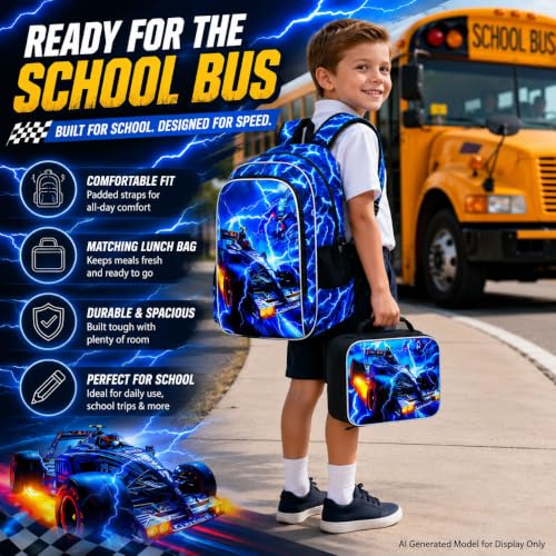 Image of 17 inch Cars Backpack for Boy, 3Pcs Lightning Bookbag for Elementary Preschool Kindergarten, Kids School Backpacks with Lunch Box (Blue)