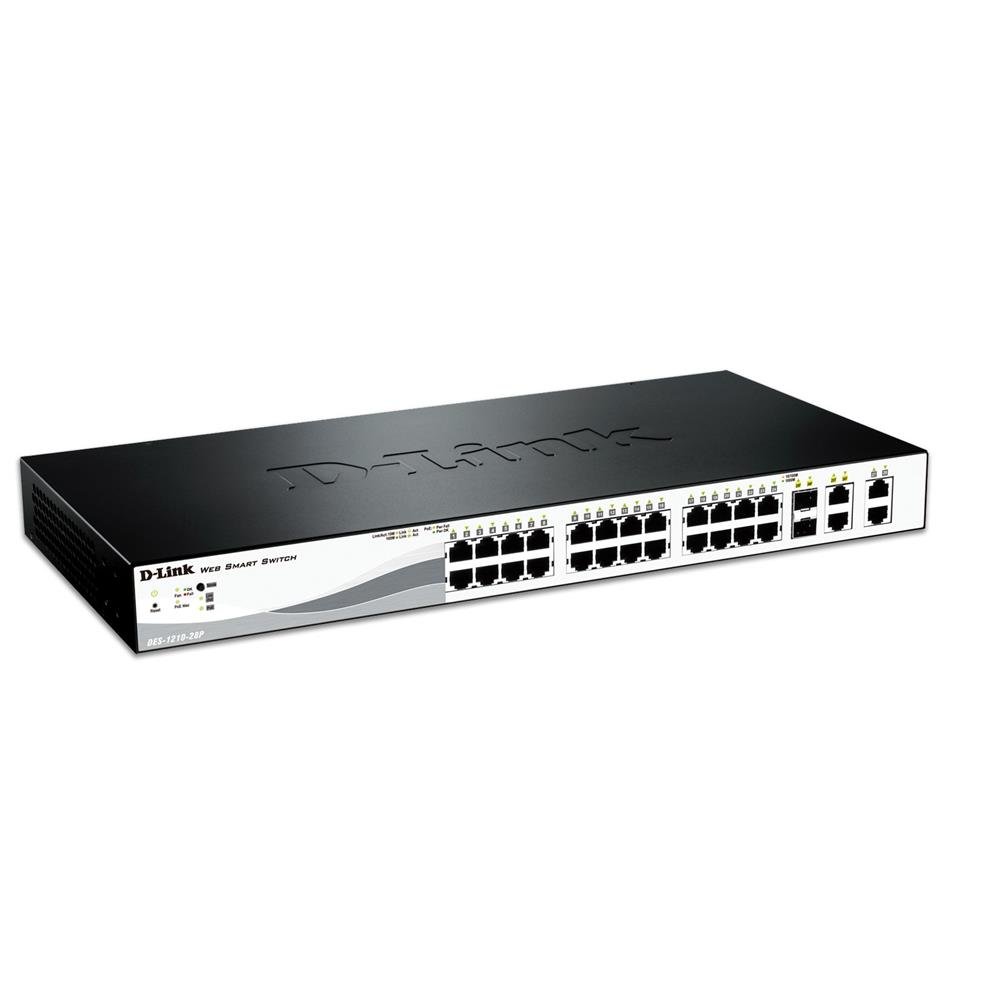 D-link DES-1210-28P - Switch PoE 28 Puertos 10/100 Mbps (24 x PoE 802.3at/802.3af hasta un Total 193 W, 2 x Gigabit y 2 x Combo SFP 10/100/1000), VLAN automática para Video vigilancia y telefonía IP