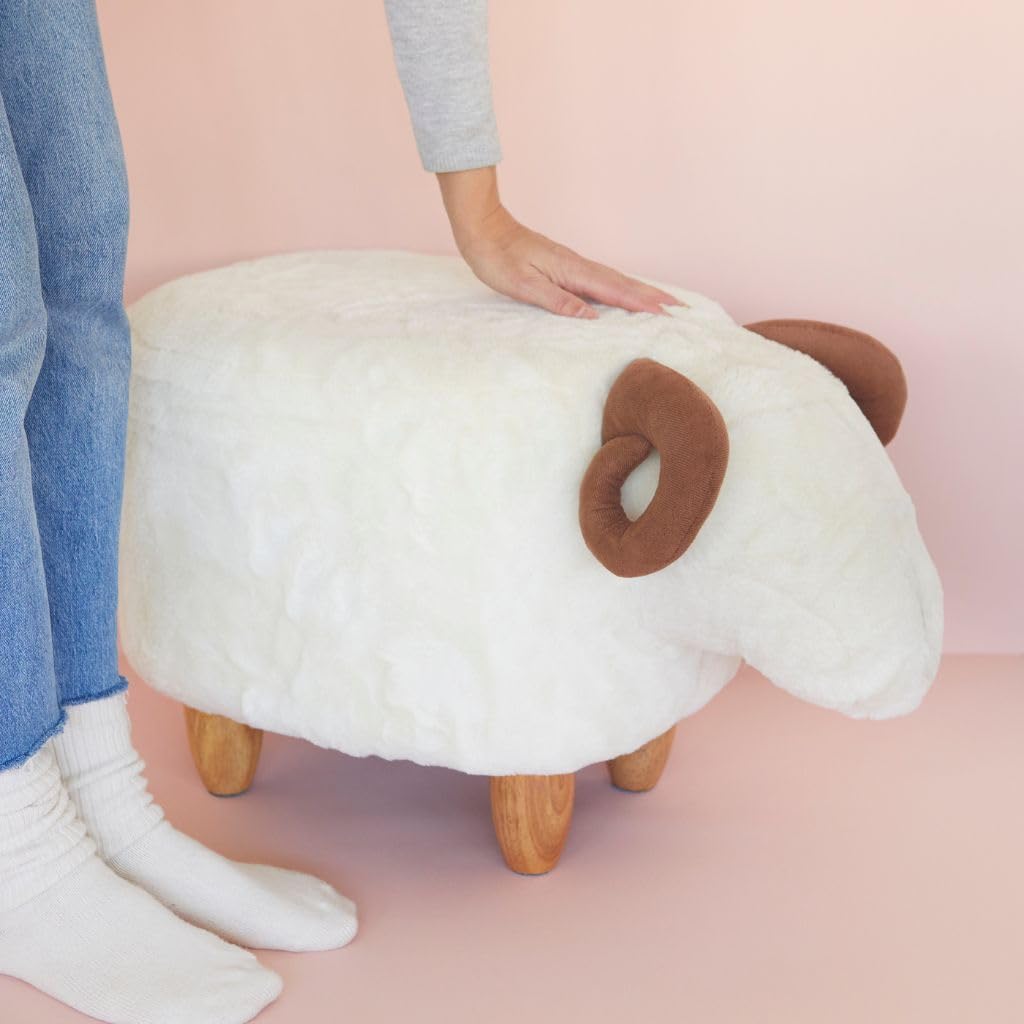 Balvi Tabouret Le Mouton Couleur Blanc en Forme de Mouton Pattes en Bois Polyster/Bois