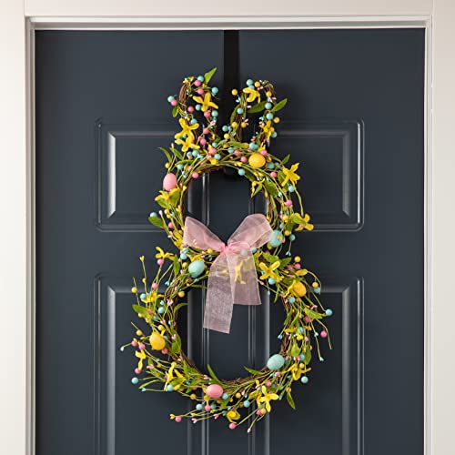 Glitzhome 24.8”H Easter Bunny Spring Wreath with Ribbon Bow Easter Eggs for Front Door Wall Decoration Easter Rabbit Garland with Colored Eggs Berries Wall Front Door Easter Decoration