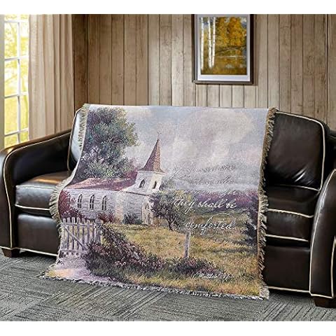 VIRAH BELLA Inspirational Tapestry Throw Blanket 50" x 60" Blessed are Those Who Mourn Matthew 5:4 Fringed Woven Tapestry Throw - Cozy & Beautiful Religious-Themed Blanket Cover