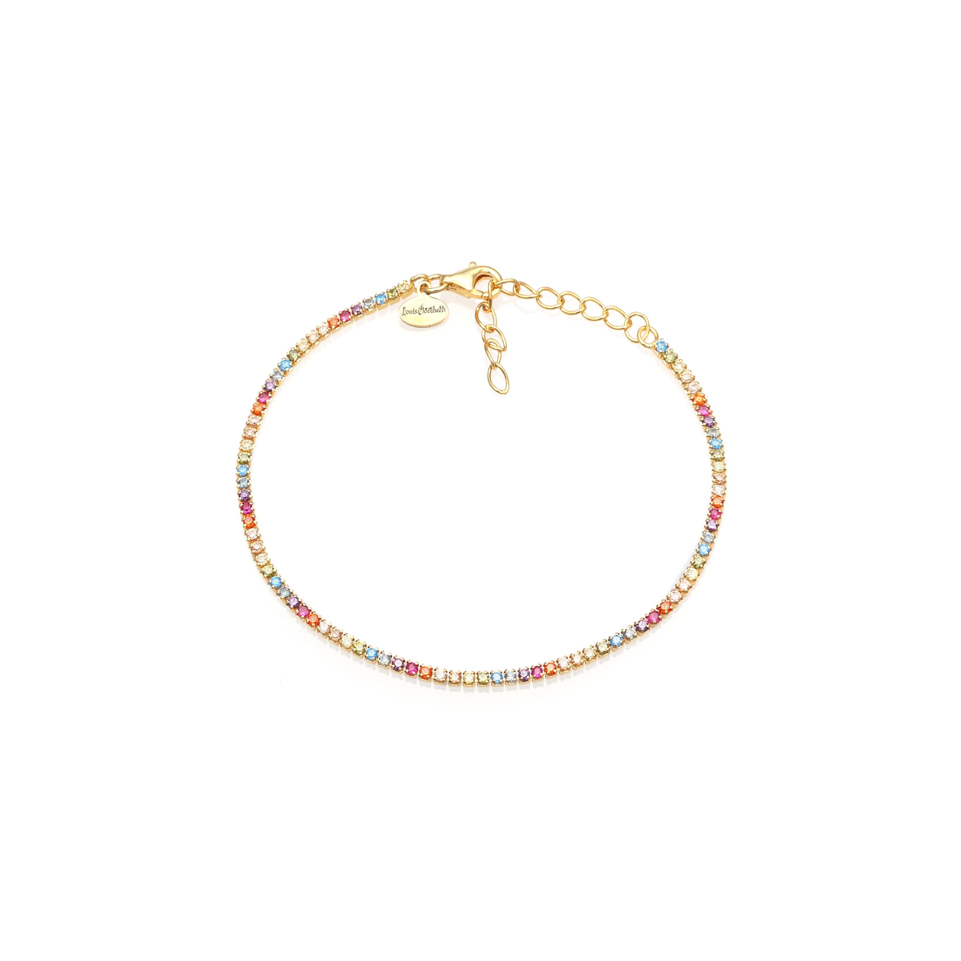 Bracciale Tennis Rainbow Argento 925 con Zirconi 5A da 3 mm e catena dorata, Arcobaleno, Gioiello Elegante Regolabile per Donna