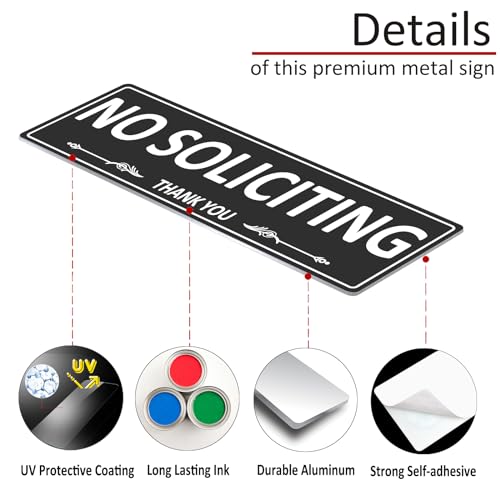 2 pack premium metal self-adhesive no soliciting sign for front door 75 x 25 inches aluminum no solicitation signs for house business home office window no fade rust free
