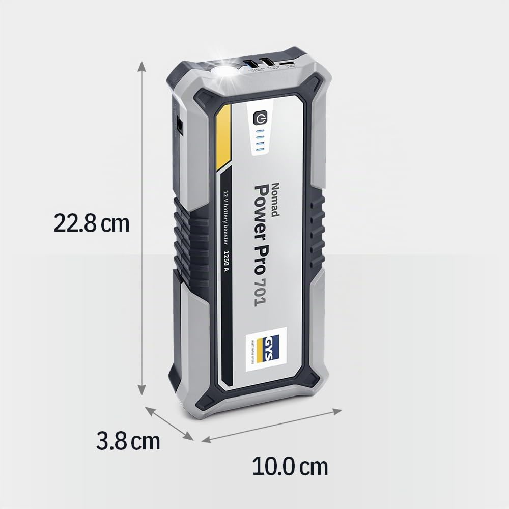 GYS, Nomad Power Pro 701, Starter/Booster Lithium-Akku, tragbar, 2000 A, Fahrzeuge 12 V (Motorrad, Auto), sicherer Start, externer Akku 6 Ah (PowerBank), LED-Lampe, LCD-Display
