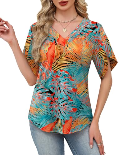 Image of WIHOLL Womens Summer Tops Short Petal Sleeve Shirts Fashion V Neck Womens Clothing