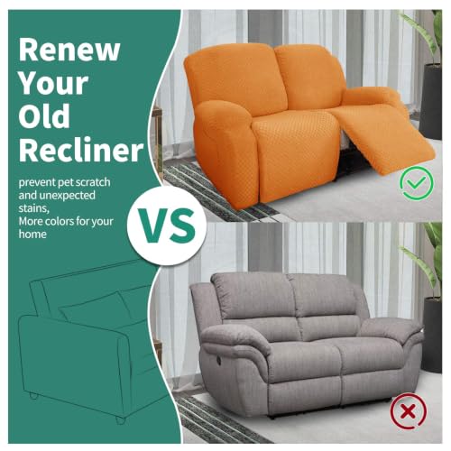 Image of YEMYHOM 6 Pieces Stretch Loveseat Recliner Slipcover Jacquard Recliner Sofa Cover with Side Pocket Fitted Recliner Cover Couch Furniture Protector with Elastic Bottom (Loveseat Recliner, Orange)