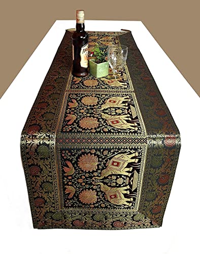 Image of Home Decor Brocade Silk Table Runner for Dinning Table & Centre Table Elephant & Peacock / 16 X 60 Inches (Black)