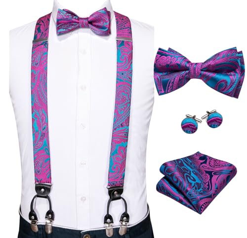 Image of YOHOWA Men Suspenders 6 Clips Strength Adjustable Y Braces Pre-Tied Bow Tie Set Formal Wedding Party